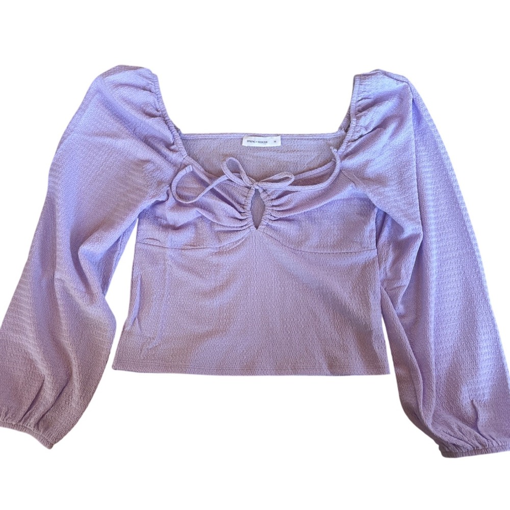 Spring + Mercer Lilac Purple Puff Sleeve Keyhole Tie Front Textured Top Medium